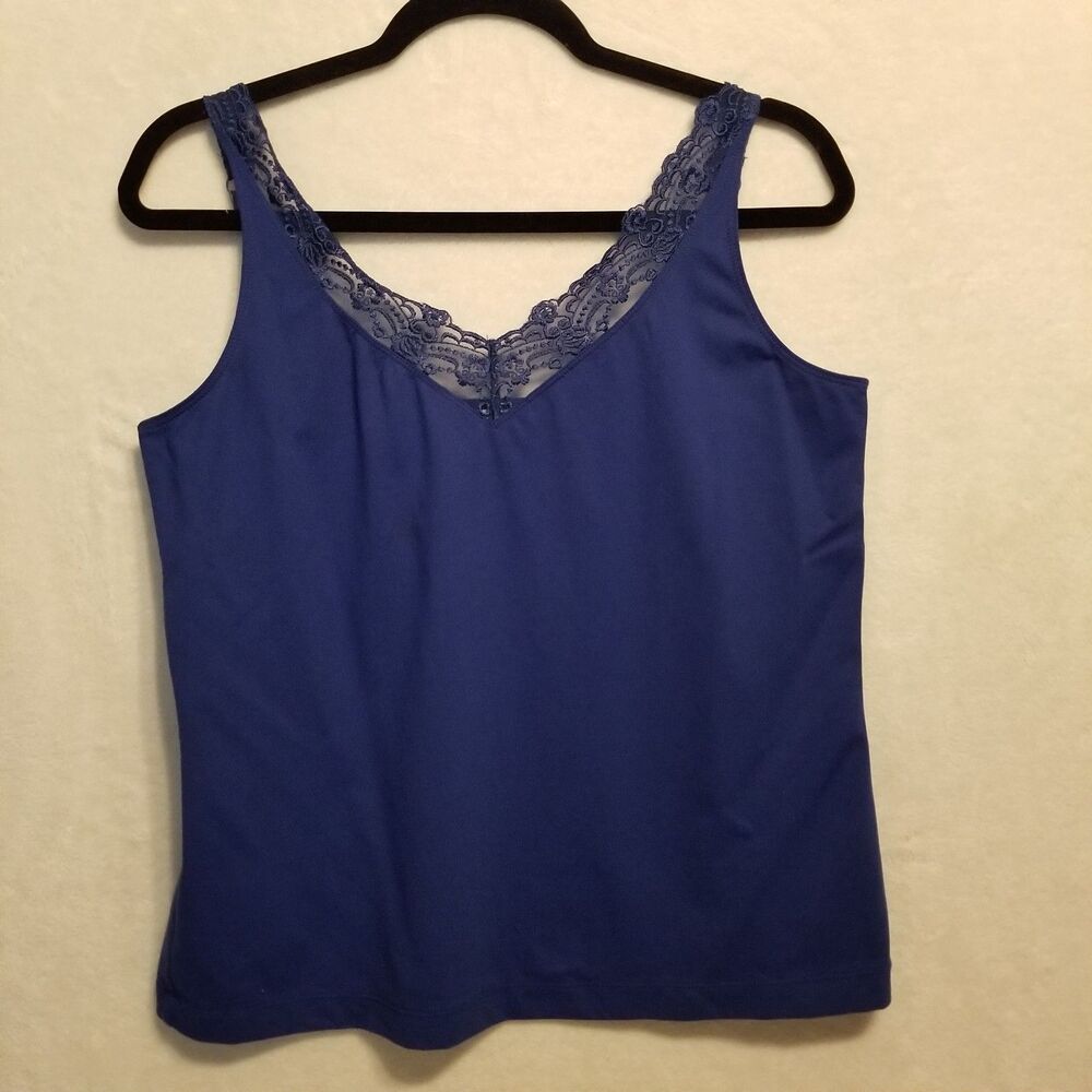 Chicos 2 (L) Top Cami Cobalt Blue Adjustable Straps V-neck Lace Trim Nylon Blend